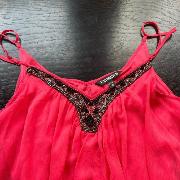 Y2K Express- hot pink- flowy a line mini dress- beaded neck adjustable straps - Picture 3 of 7